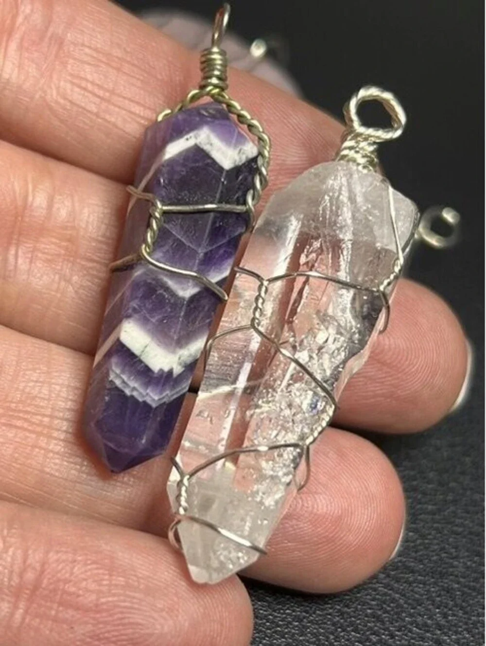 B6611 4pc Amethyst Rose Quartz Heart Tree of Life Pendant Wire Wrapped